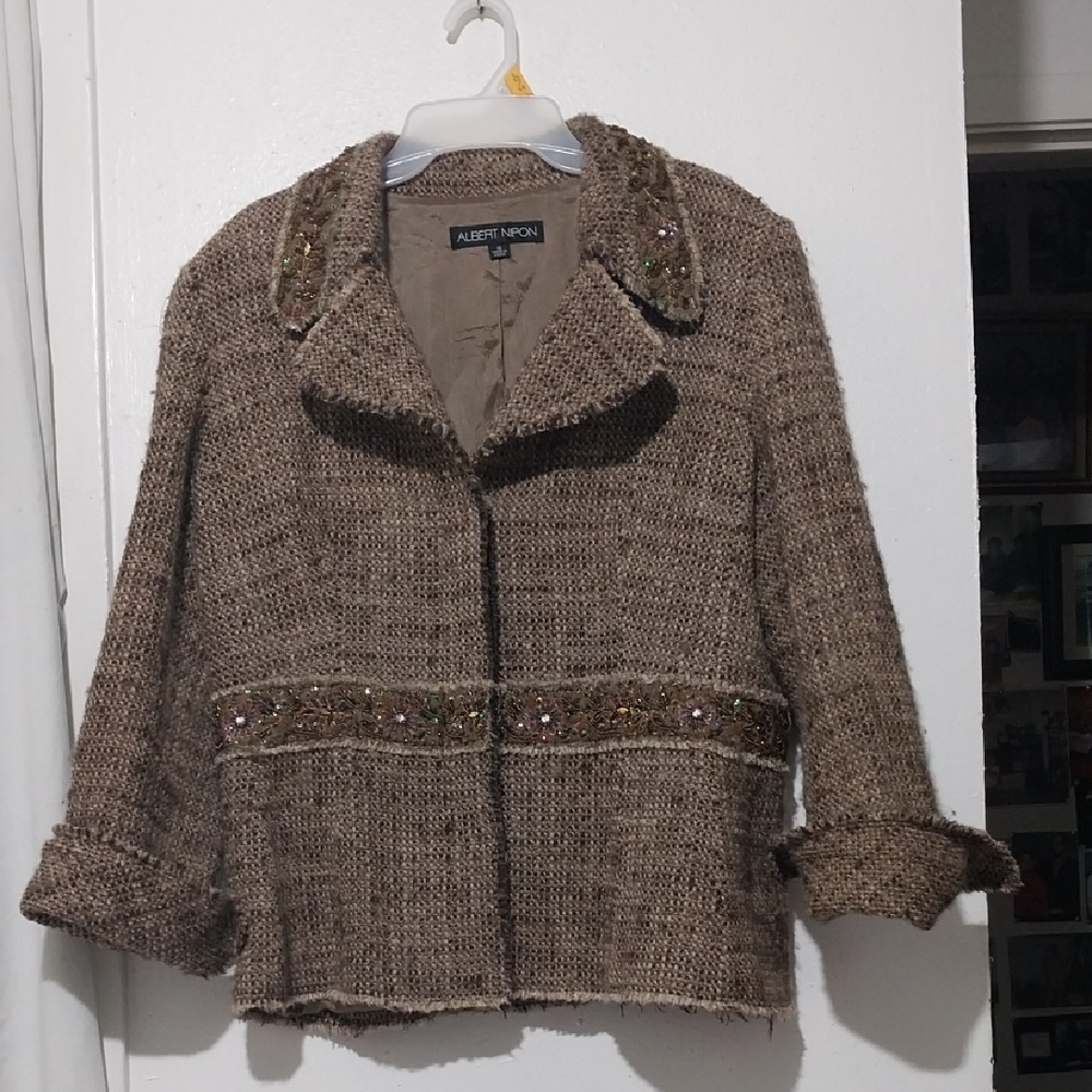 Albert Nipon Brown Tweed Blazer with Embellished Trim